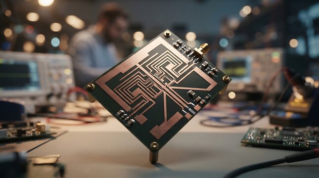 Close up of a custom printed circuit board prototype held in a modern electronics research laboratory with engineers working in the blurred background