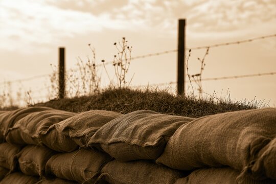 Sandbags stacked with grass and barbed wire on top, set against a cloudy sky, evoking a wartime trench or defensive position.