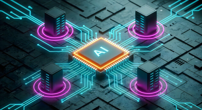 Central ai processor chip connected to multiple data server units concept