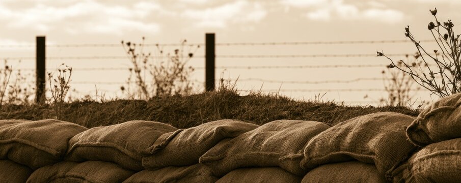 A sepia-toned image of sandbags stacked as a barrier with barbed wire and dry plants in the background under a cloudy sky.