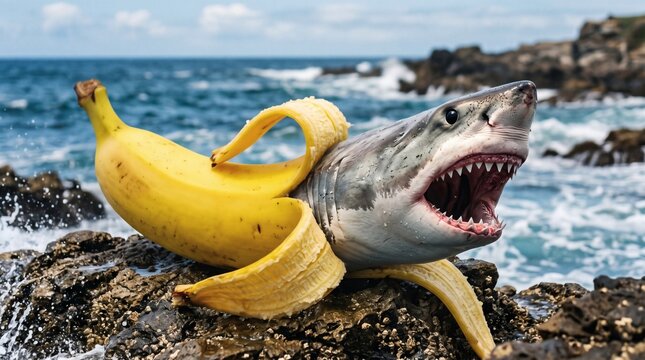 Surreal image of a shark emerging from a peeled banana on a rocky shore.