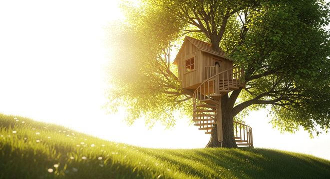 Wooden treehouse with spiral staircase in a large tree at sunset
