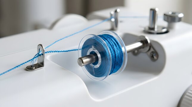 Blue thread spool winding on a modern white sewing machine bobbin winder