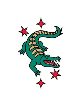 Cartoon crocodile with stars background smiling happily