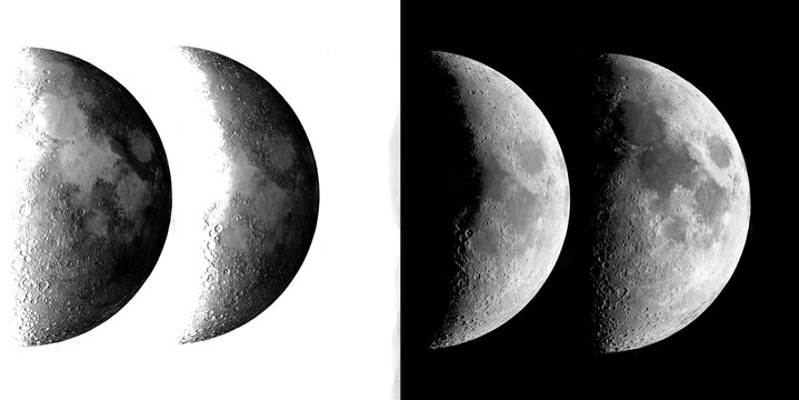 Monochrome lunar phase graphic design element featuring detailed crescents and half moons on transparent and dark backgrounds.