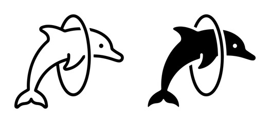 Fototapeta premium Dolphin Jumping Through Hoop Icon Set, Marine Mammal Aquatic Performance Vector Art, Ocean Life Symbol Collection