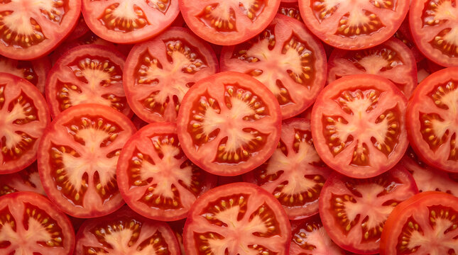 High angle macro close up photograph of overlapping fresh tomato slices forming a seamless juicy red pattern with translucent flesh, detailed seeds and vibrant abstract culinary food texture