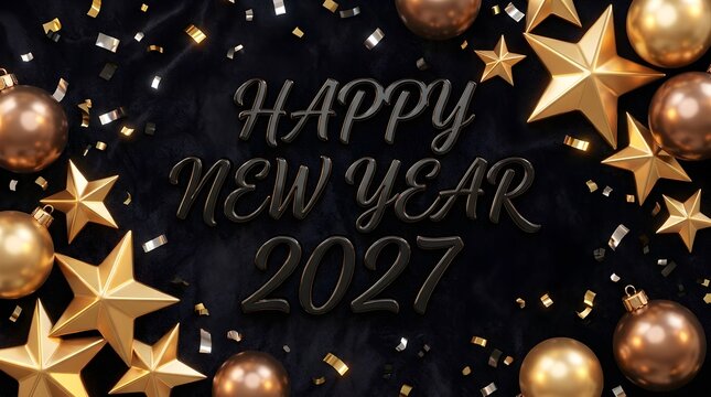 Happy new year 2027 greeting card design with shiny gold stars and elegant christmas ornaments on a dark black background with falling confetti for a festive holiday celebration