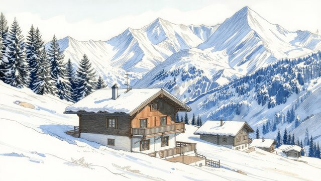 Cozy Snowy Mountain Cabin Amidst Majestic Snow-Capped Peaks