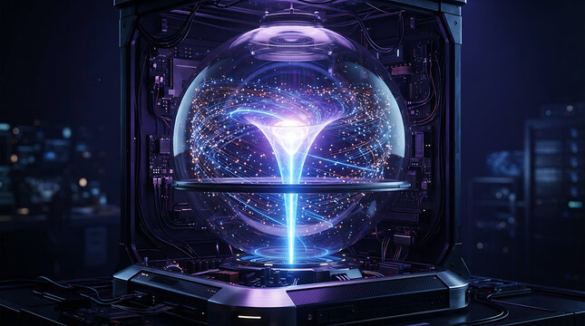 Futuristic glowing energy core inside a dark laboratory chamber with complex mechanical and electronic components