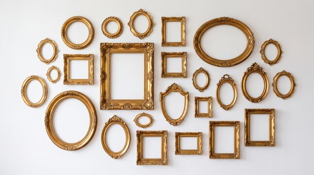 Golden picture frames on white background
