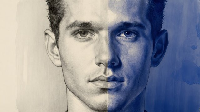 Half-Mask Portrait of Young Man in Artistic Black and White Style
