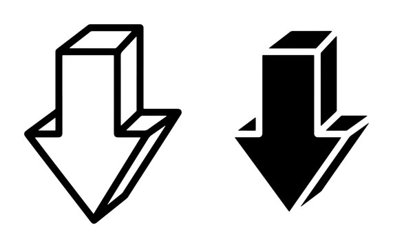 3D Down Arrow Icons, Vector Set: White and Black Directional Symbols for Decline, Decrease, and Negative Trends, Graphic Resource