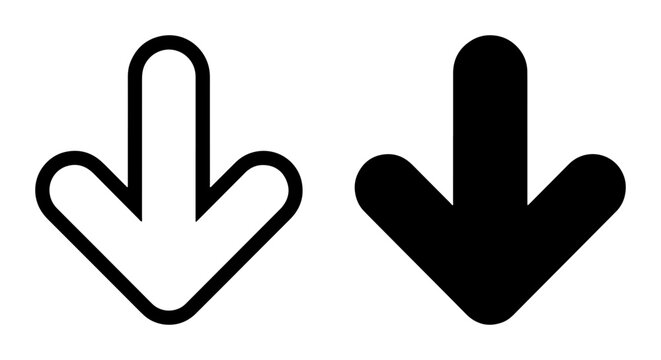 Simple Down Arrow Icons, Directional Symbol Set, Navigation Pointer Graphics, Black and White Pointer Icons for Web Design and UI Elements