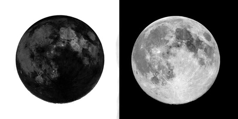 Bright full moon isolated on transparent and black backgrounds showcases high resolution details of the entire visible lunar surface. © Pure Pixels (PNG)