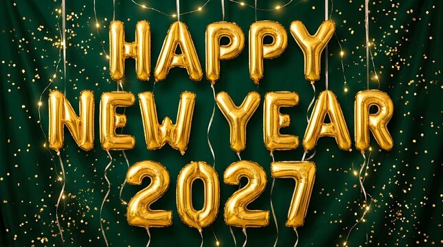 Happy new year 2027 gold foil balloon text sign with sparkling glitter confetti on a dark green background for festive holiday celebration greeting card and party invitation design