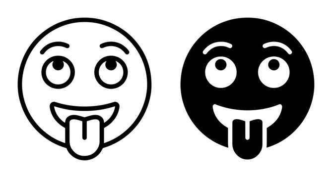 Silly Emoji Face Icon Set, Playful Expression Vector Art, Tongue Out Emoticon Graphics, Black and White Outline, Fun Communication Symbols