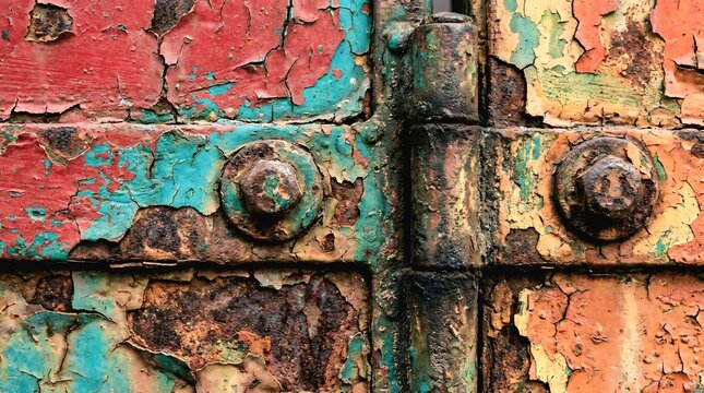 
Close-up rusty hinge with peeling paint texture on old metal door, vintage weathered colorful distressed background