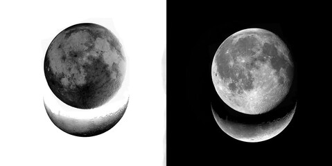 Creative lunar design featuring full moon with crescent alignment on transparent grid and deep black backdrop for space themes. © Pure Pixels (PNG)