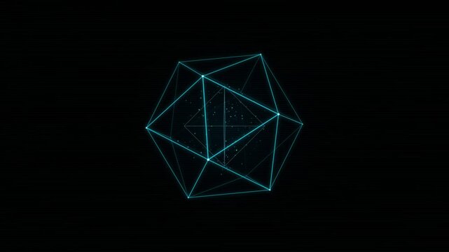 Abstract geometric polyhedron rotating slowly in dark space with glowing lines