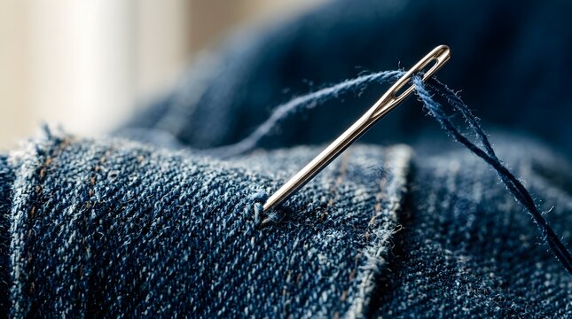 Metal sewing needle with blue thread piercing thick denim fabric