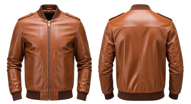 Brown leather bomber jacket front and back view isolated on white background