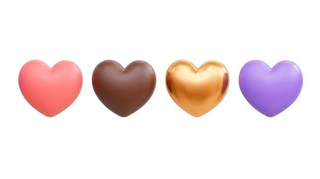 Set Of Glossy 3D Hearts In Pink Bronze Gold And Violet Colors