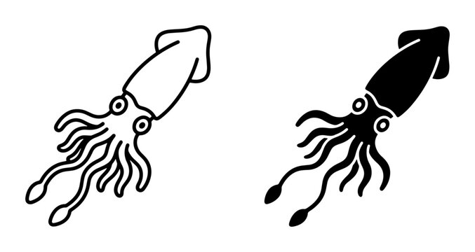 Squid Vector Icons, Black and White Outline and Silhouette, Marine Life and Seafood Illustration, Ocean Creature Graphics