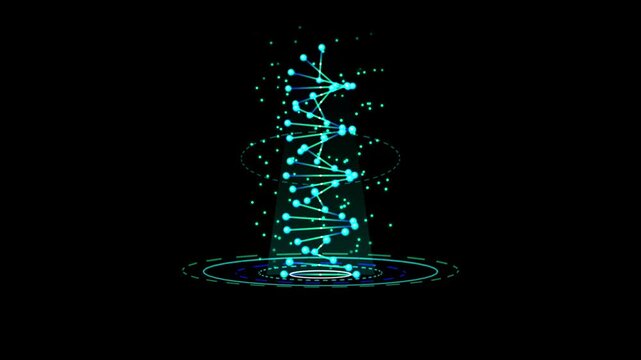 Abstract glowing particles spiral upwards with a circular base during a dark background animation representing data flow