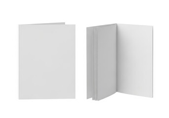 Fototapeta premium Blank Book: Two white, blank books, one closed and one open, presented in a clean, minimalist style, ideal for showcasing cover designs or content.