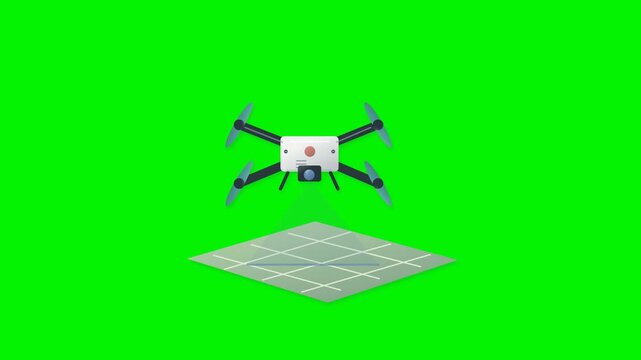 A quadcopter hovers over a terrain tile and sweeps a triangular scanning footprint while all four propellers rotate.