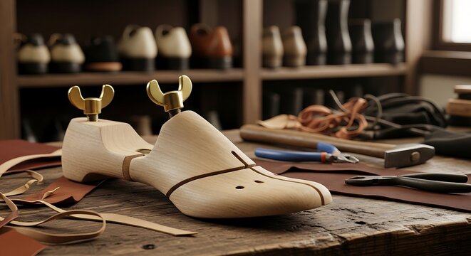 Traditional wooden footwear mold resting on a workbench inside an artisan workshop filled with leather working tools and shelves displaying various finished footwear products ready for customers