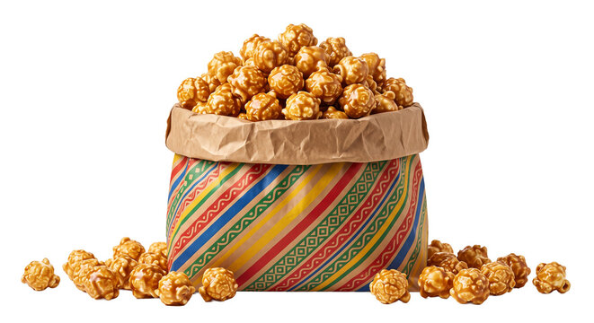 Bag of caramel popcorn spilling over a colorful patterned container on a transparent background, snack food.