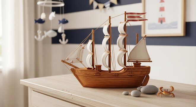 Wooden sailing ship model resting upon a wooden surface inside a nursery room decorated with maritime themes featuring hanging mobiles and striped walls creating a playful childhood environment