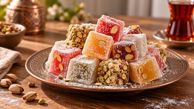Colorful Turkish delight with pistachios and almonds arranged on an ornate plate, served with tea in a cozy setting, showcasing traditional Middle Eastern confectionery and hospitality.