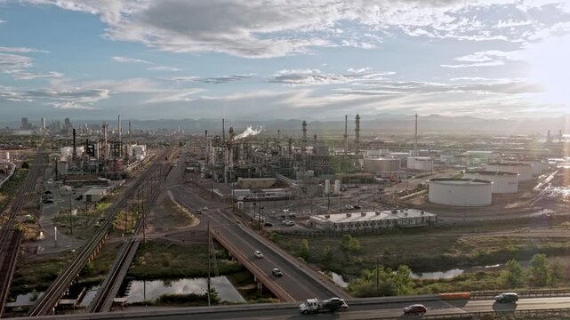 Oil refinery active smoke and flames landscape industry drone video, Denver, CO 4K