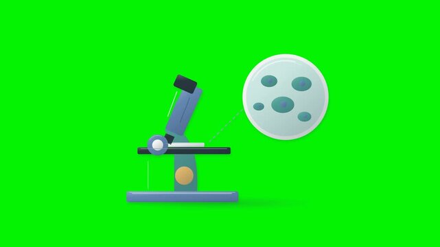 A microscope adjusts focus above a slide while an enlarged circular sample reveals gently drifting cells.