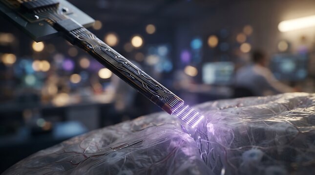 Futuristic neural interface probe performing advanced brain surgery or machine learning data transfer on synthetic tissue in a high tech laboratory setting
