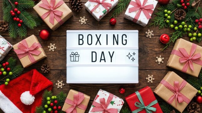 Festive Boxing Day Lightbox Surrounded by Christmas Gifts and Winter Decorations on Wood