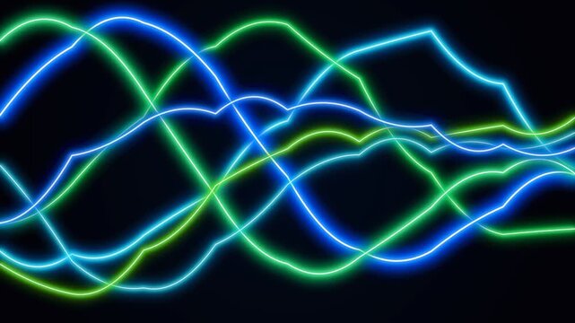 Abstract glowing electric waves with blue and green neon light streams flowing across dark background