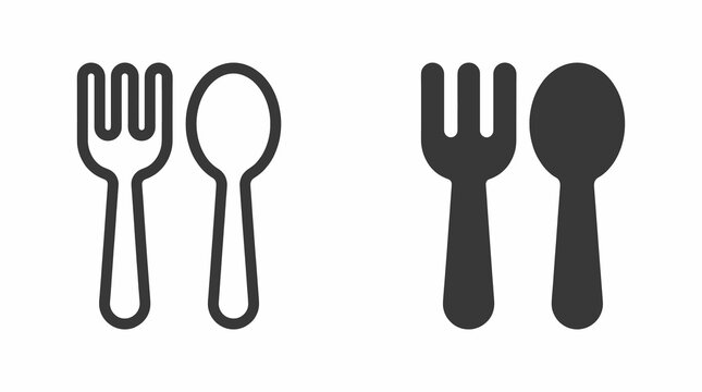 Fork and spoon icons in outline and solid styles for restaurant and food design concepts