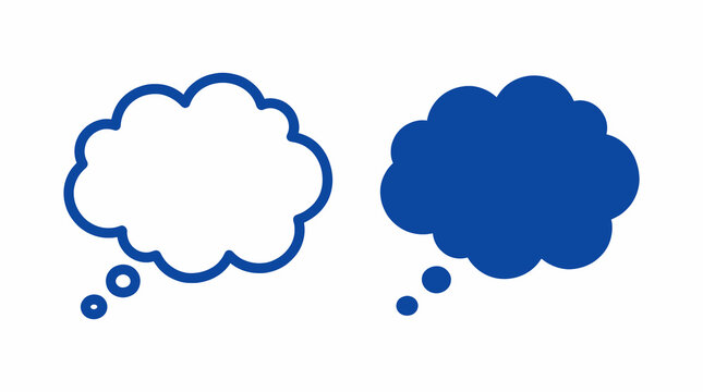 Blue thought bubble icons in outline and flat solid style, dream and speech cloud symbols isolated on white background