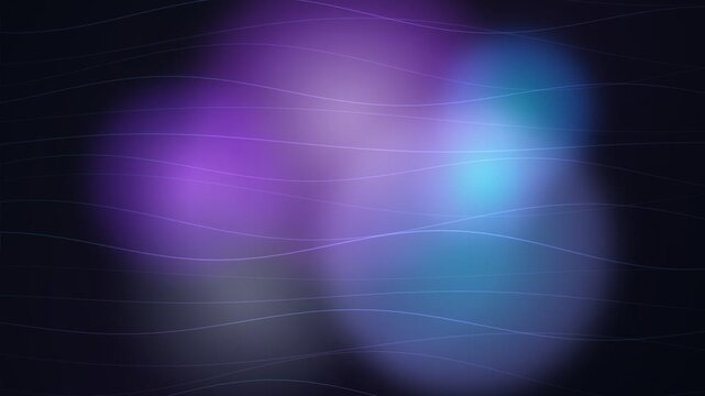 Abstract dark background with glowing purple and blue light circles and thin horizontal wavy lines across the dark space