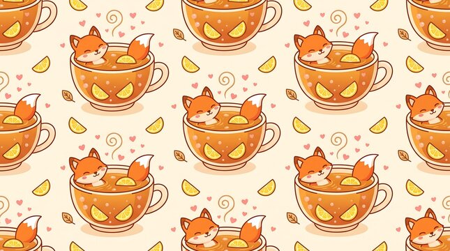 Cute foxes playfully interact within cups filled with citrus fruits in an adorable pattern design.