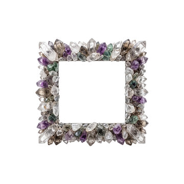Square frame decorated with purple amethyst crystals, white flowers and gemstones, isolated luxury border on transparent background