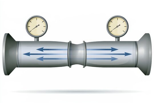 A diagram of a venturi tube showing fluid dynamics and pressure gauges isolated on white background.