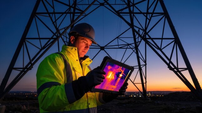 Electrical engineer using a tablet for thermal imaging scan under power transmission tower at sunset, capturing predictive maintenance and industrial inspection for energy infrastructure.