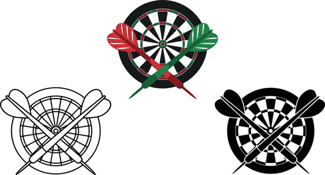 Dartboard and Crossed Darts Vector Icon Set with Color Silhouette and Outline Designs for Pub Games Tournaments Sports Branding and Bar Logos