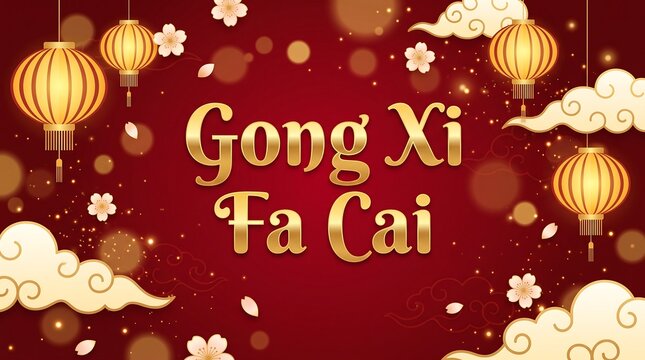 Gong xi fa cai chinese new year celebration banner with red lanterns and gold accents