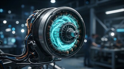 Obraz premium Industrial electric motor prototype featuring glowing magnetic energy field in a high tech manufacturing workshop